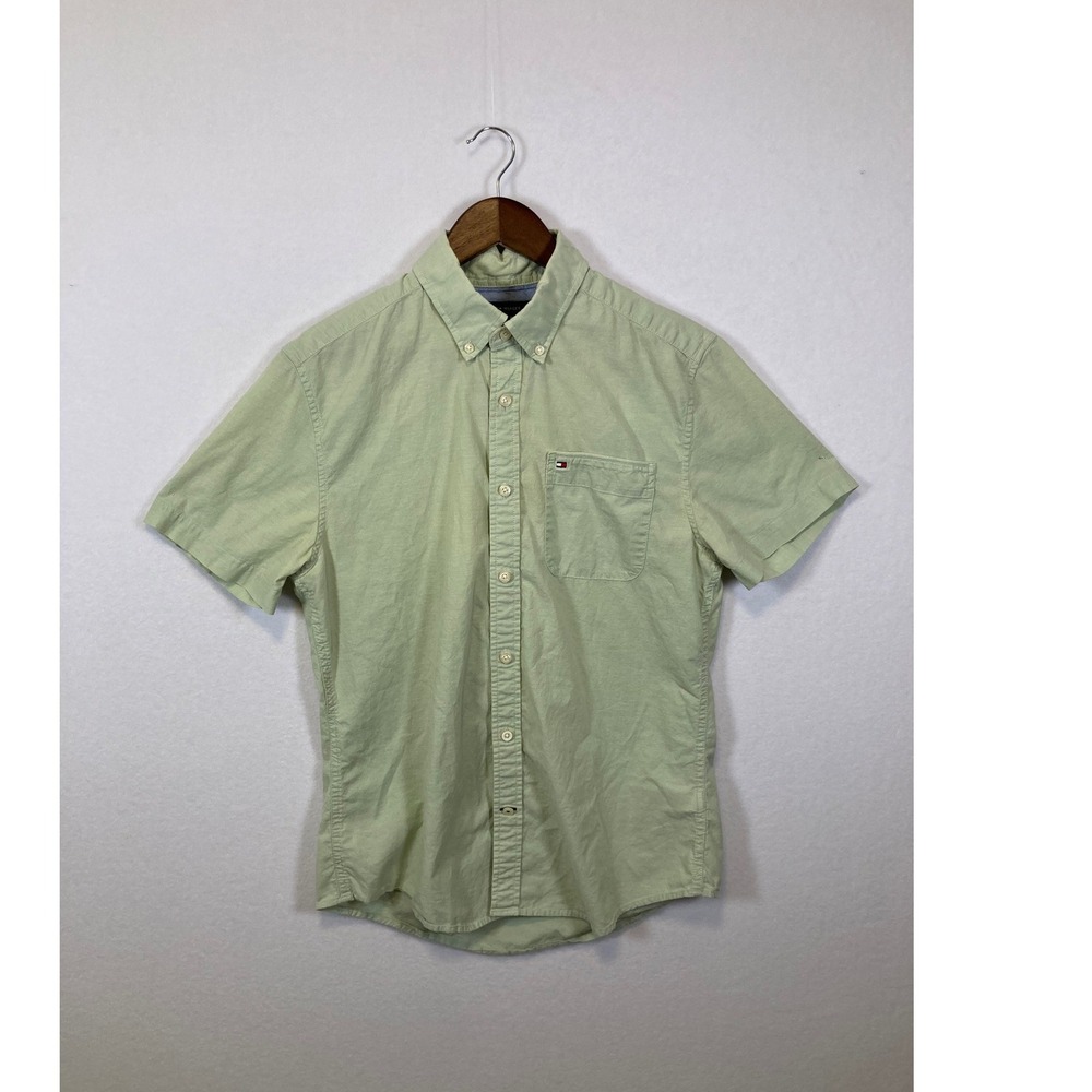 Tommy Hilfiger Men Green Short Sleeve Button‎ Down Shirt Regular Fit Size Medium